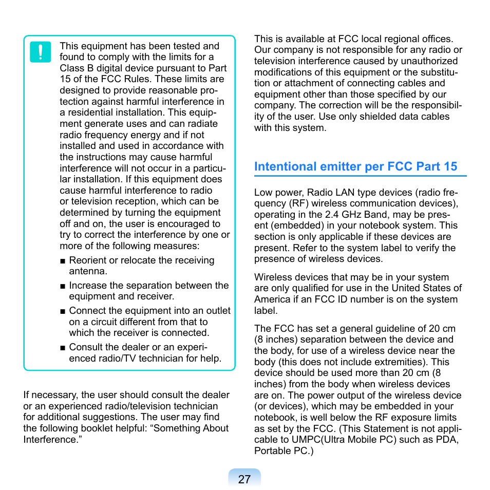 Intentional emitter per fcc part 15 | Samsung NP-Q1-V000-SEA User Manual | Page 27 / 204