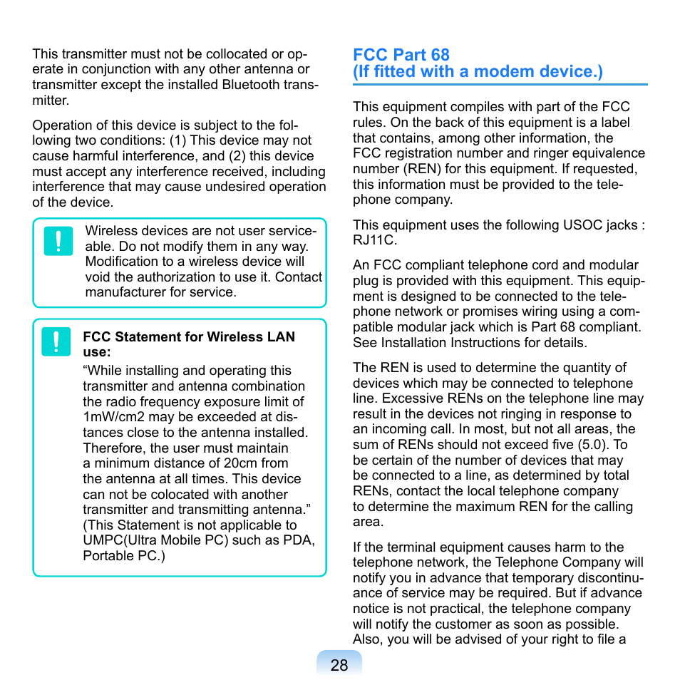 Fcc part 68 (if ﬁtted with a modem device.) | Samsung NP-Q1-V000-SEA User Manual | Page 28 / 204