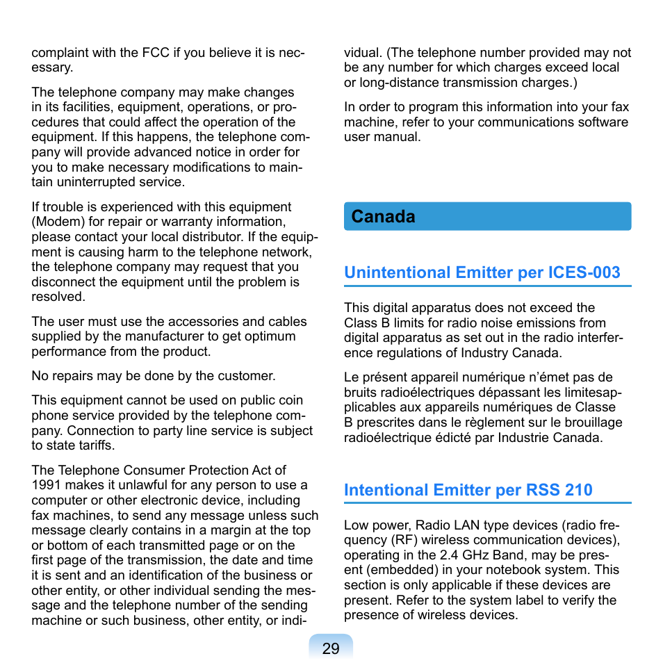 Canada, Unintentional emitter per ices-003, Intentional emitter per rss 210 | Samsung NP-Q1-V000-SEA User Manual | Page 29 / 204