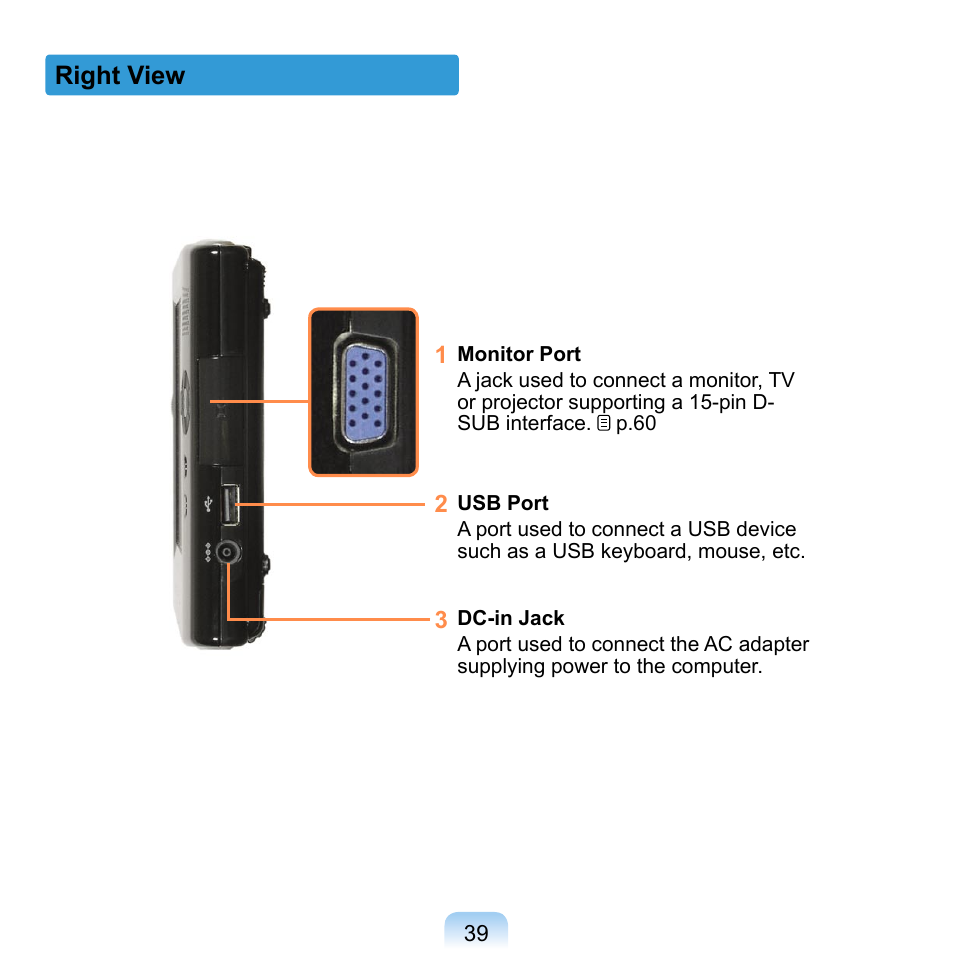 Right view | Samsung NP-Q1-V000-SEA User Manual | Page 39 / 204