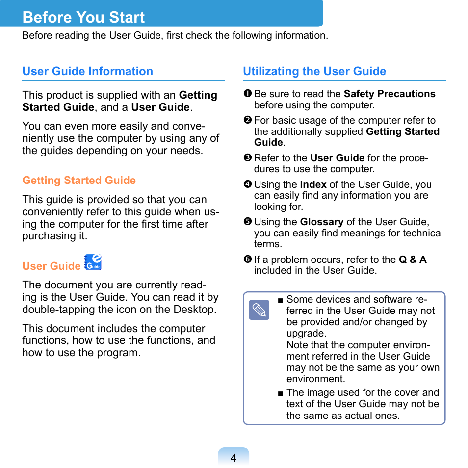 Before you start | Samsung NP-Q1-V000-SEA User Manual | Page 4 / 204