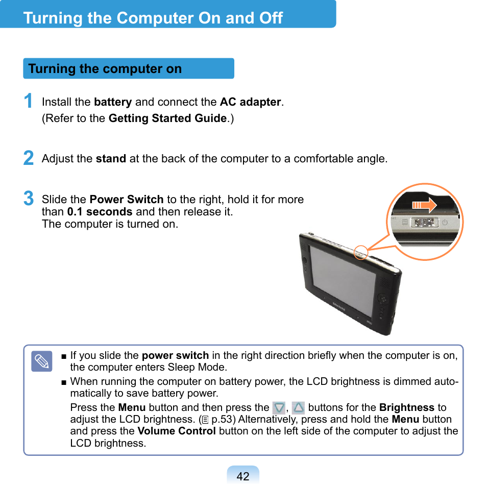 Turning the computer on and off, Turning the computer on, P.41 | Samsung NP-Q1-V000-SEA User Manual | Page 42 / 204