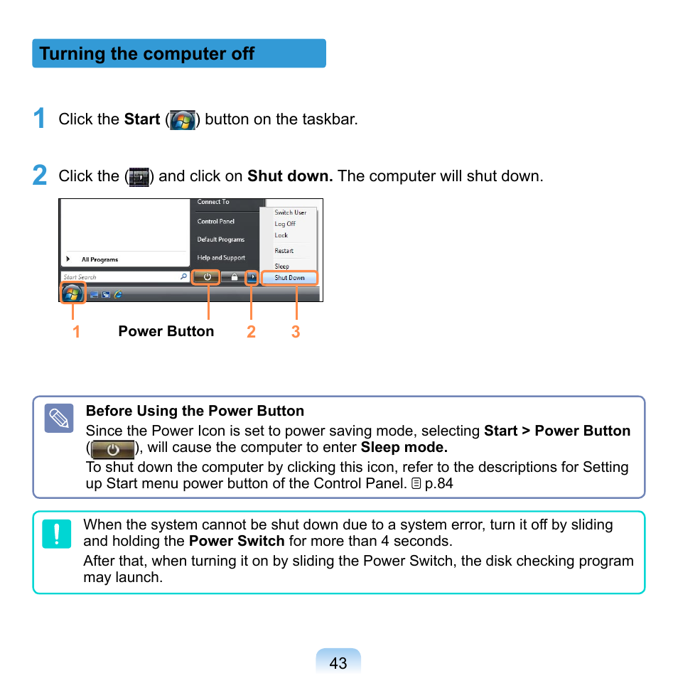 Turning the computer off | Samsung NP-Q1-V000-SEA User Manual | Page 43 / 204