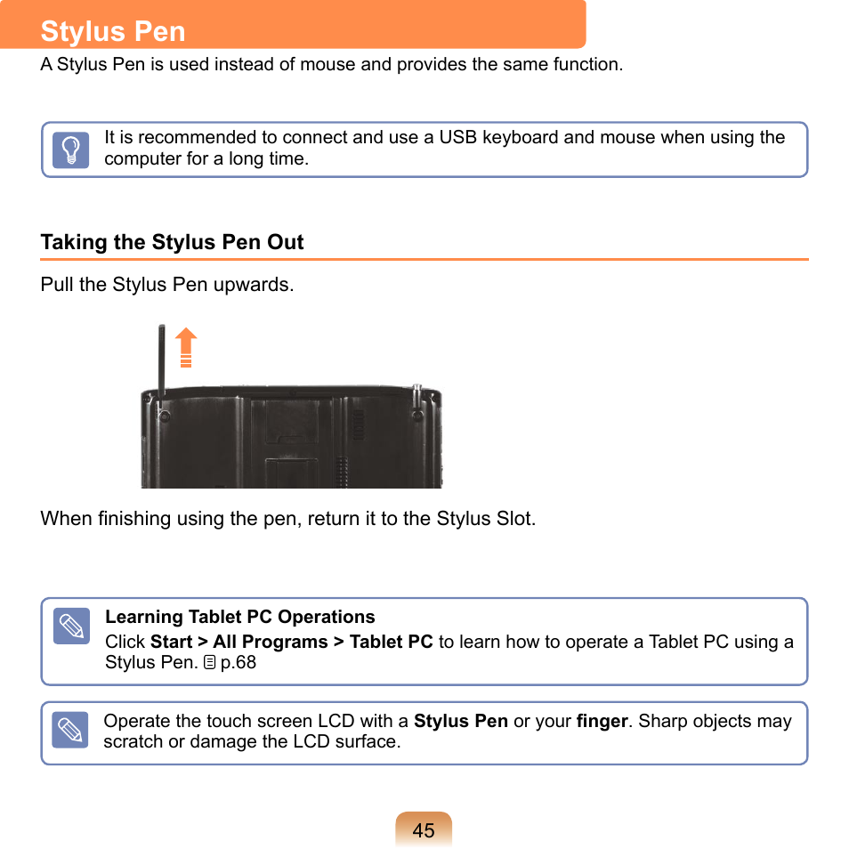 Stylus pen, P.45 | Samsung NP-Q1-V000-SEA User Manual | Page 45 / 204