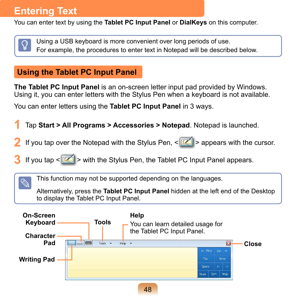 Entering text, Using the tablet pc input panel | Samsung NP-Q1-V000-SEA User Manual | Page 48 / 204