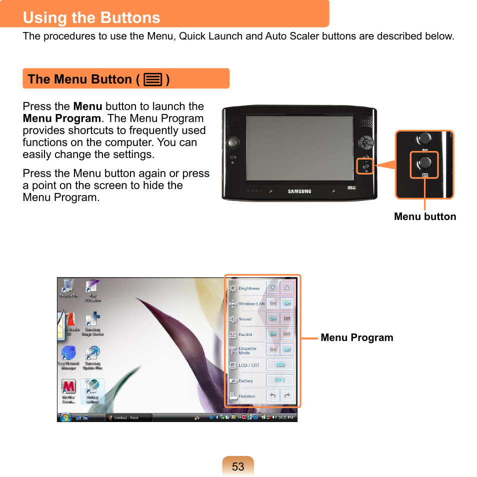 Using the buttons, The menu button, P.53 | Samsung NP-Q1-V000-SEA User Manual | Page 53 / 204