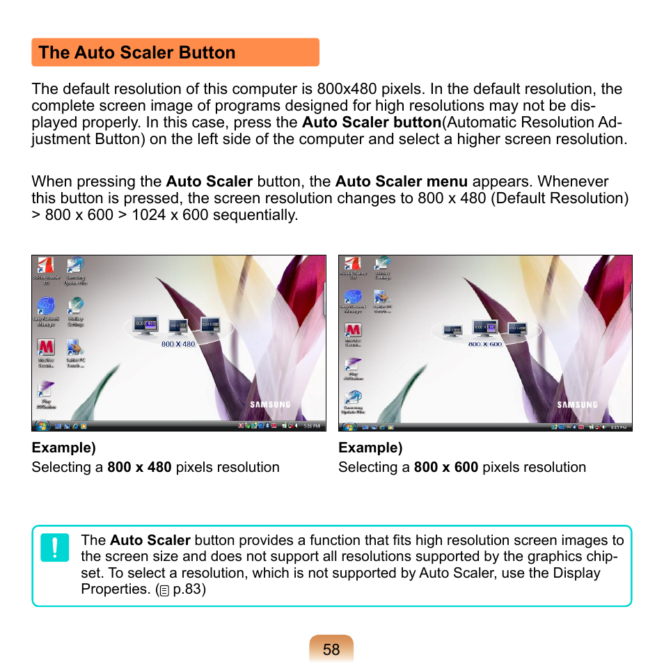 The auto scaler button, P.58 | Samsung NP-Q1-V000-SEA User Manual | Page 58 / 204