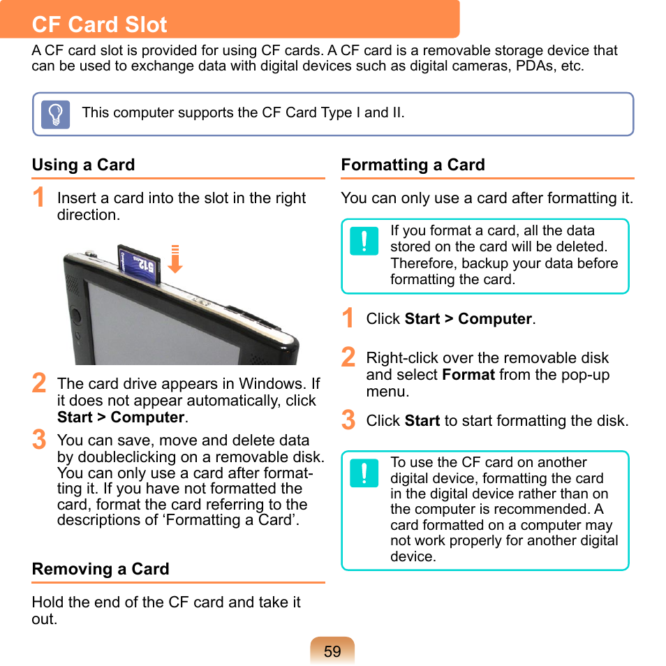 Cf card slot, P.59 | Samsung NP-Q1-V000-SEA User Manual | Page 59 / 204