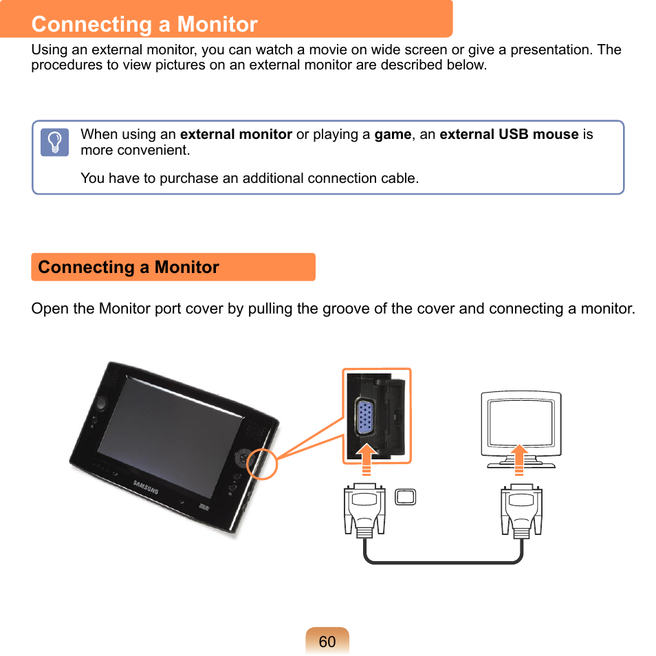 Connecting a monitor | Samsung NP-Q1-V000-SEA User Manual | Page 60 / 204
