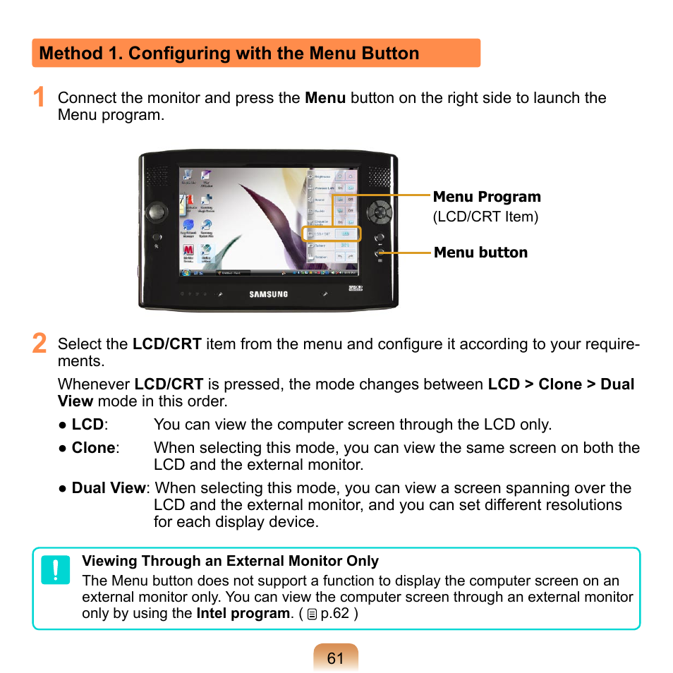 Method 1. configuring with the menu button | Samsung NP-Q1-V000-SEA User Manual | Page 61 / 204