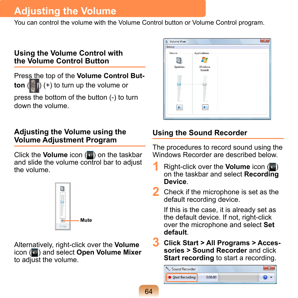 Adjusting the volume, P.64 | Samsung NP-Q1-V000-SEA User Manual | Page 64 / 204