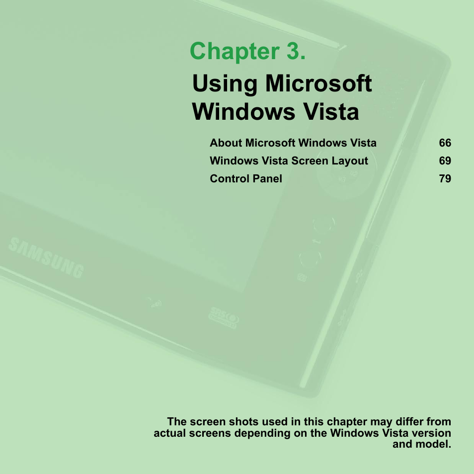 Chapter 3. using microsoft windows vista, About microsoft, Chapter 3 | Using microsoft windows vista | Samsung NP-Q1-V000-SEA User Manual | Page 65 / 204