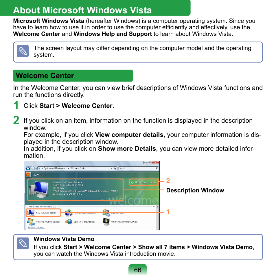 About microsoft windows vista, Welcome center, Windows vista | Samsung NP-Q1-V000-SEA User Manual | Page 66 / 204