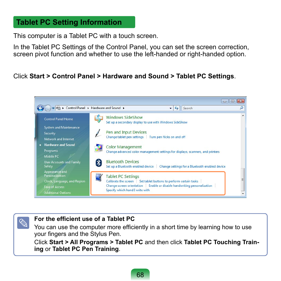 Tablet pc setting information | Samsung NP-Q1-V000-SEA User Manual | Page 68 / 204