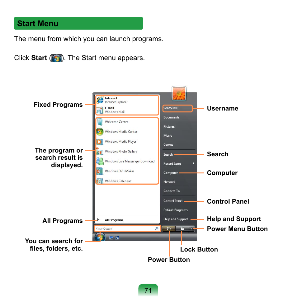 Start menu | Samsung NP-Q1-V000-SEA User Manual | Page 71 / 204