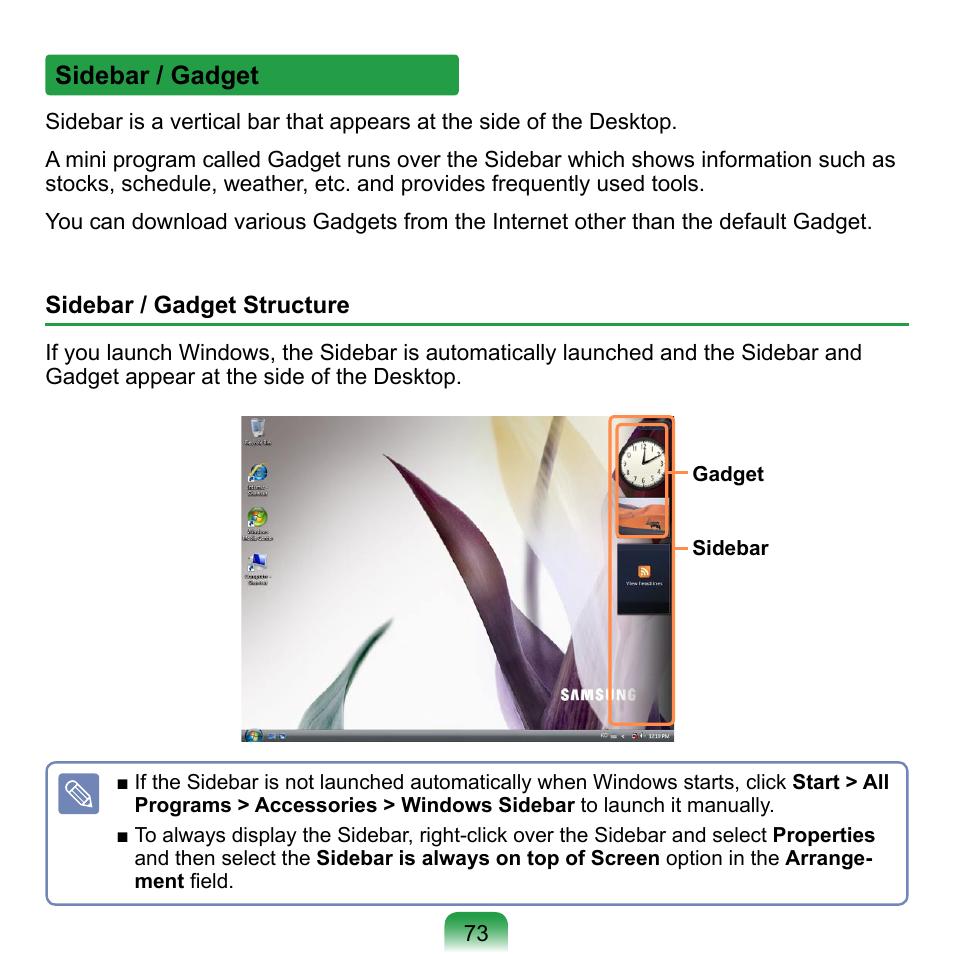 Sidebar / gadget | Samsung NP-Q1-V000-SEA User Manual | Page 73 / 204