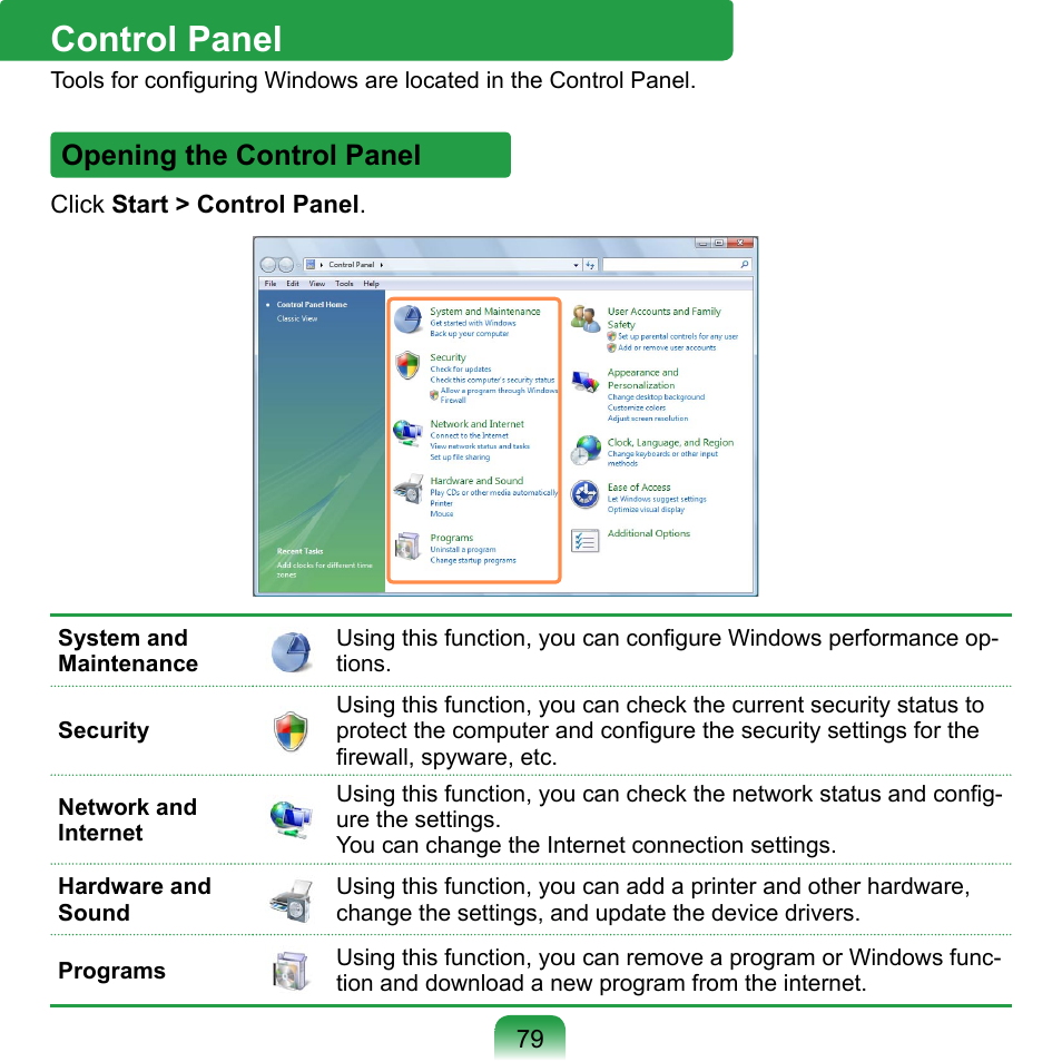 Control panel, Opening the control panel | Samsung NP-Q1-V000-SEA User Manual | Page 79 / 204