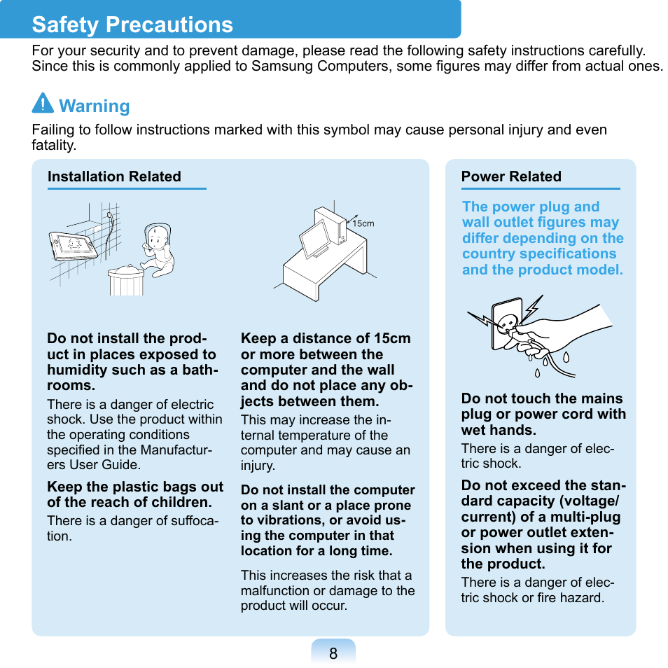 Safety precautions, Warning | Samsung NP-Q1-V000-SEA User Manual | Page 8 / 204