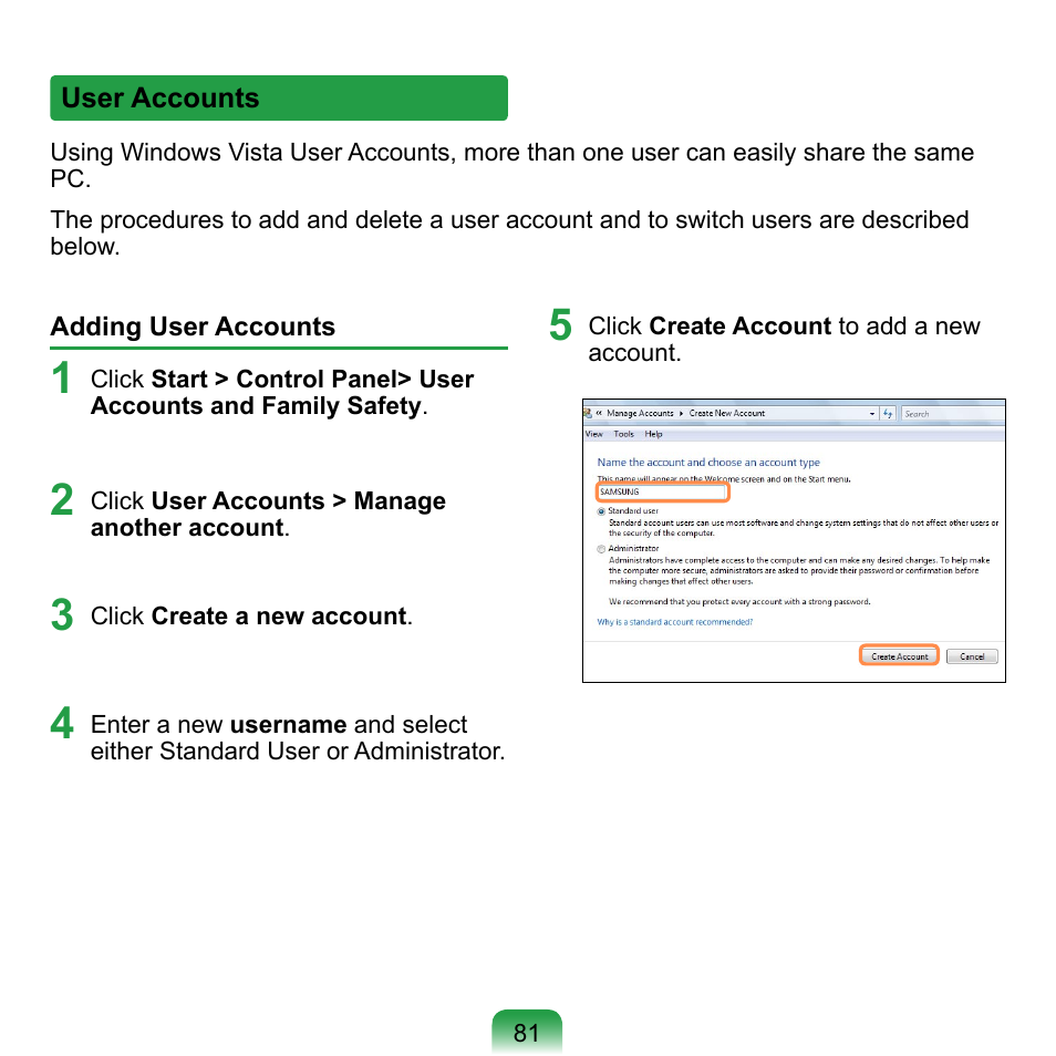 User accounts | Samsung NP-Q1-V000-SEA User Manual | Page 81 / 204