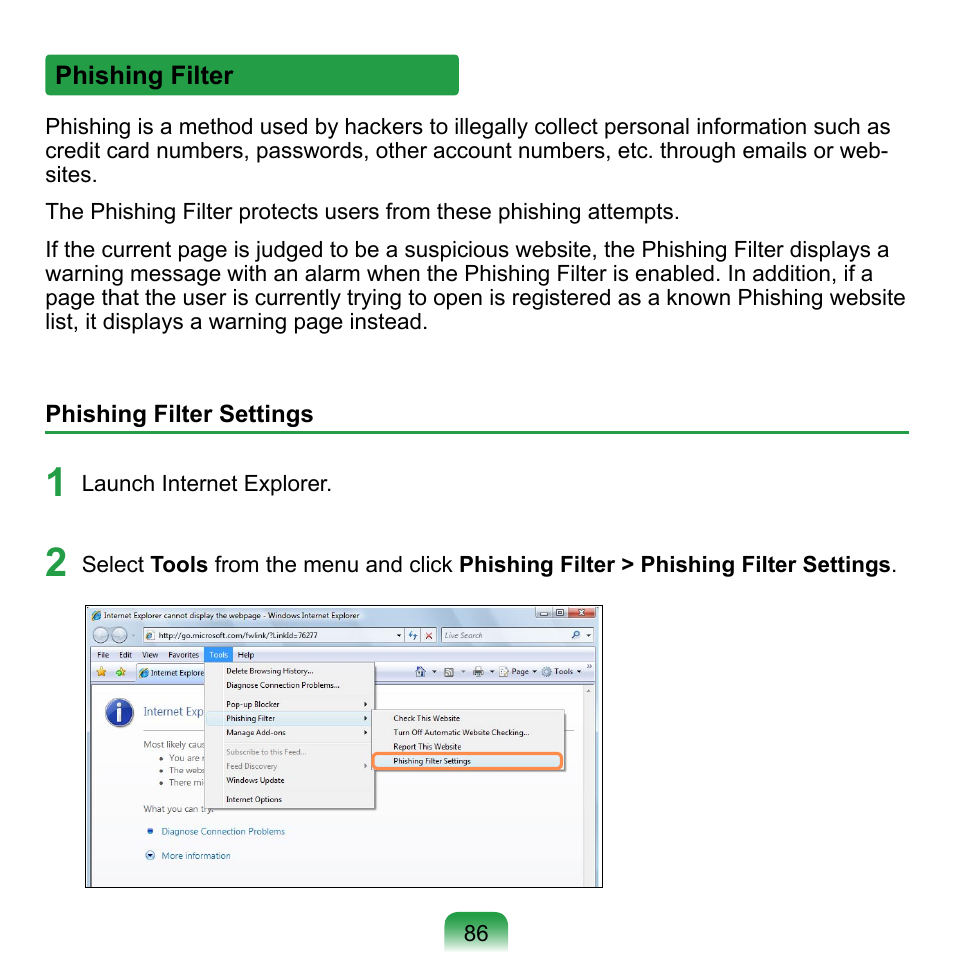 Phishing filter | Samsung NP-Q1-V000-SEA User Manual | Page 86 / 204