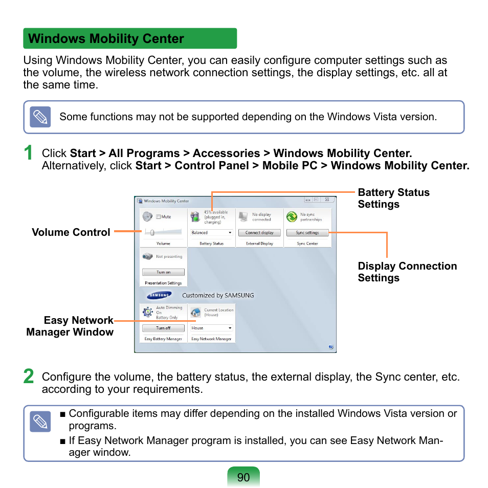 Windows mobility center | Samsung NP-Q1-V000-SEA User Manual | Page 90 / 204