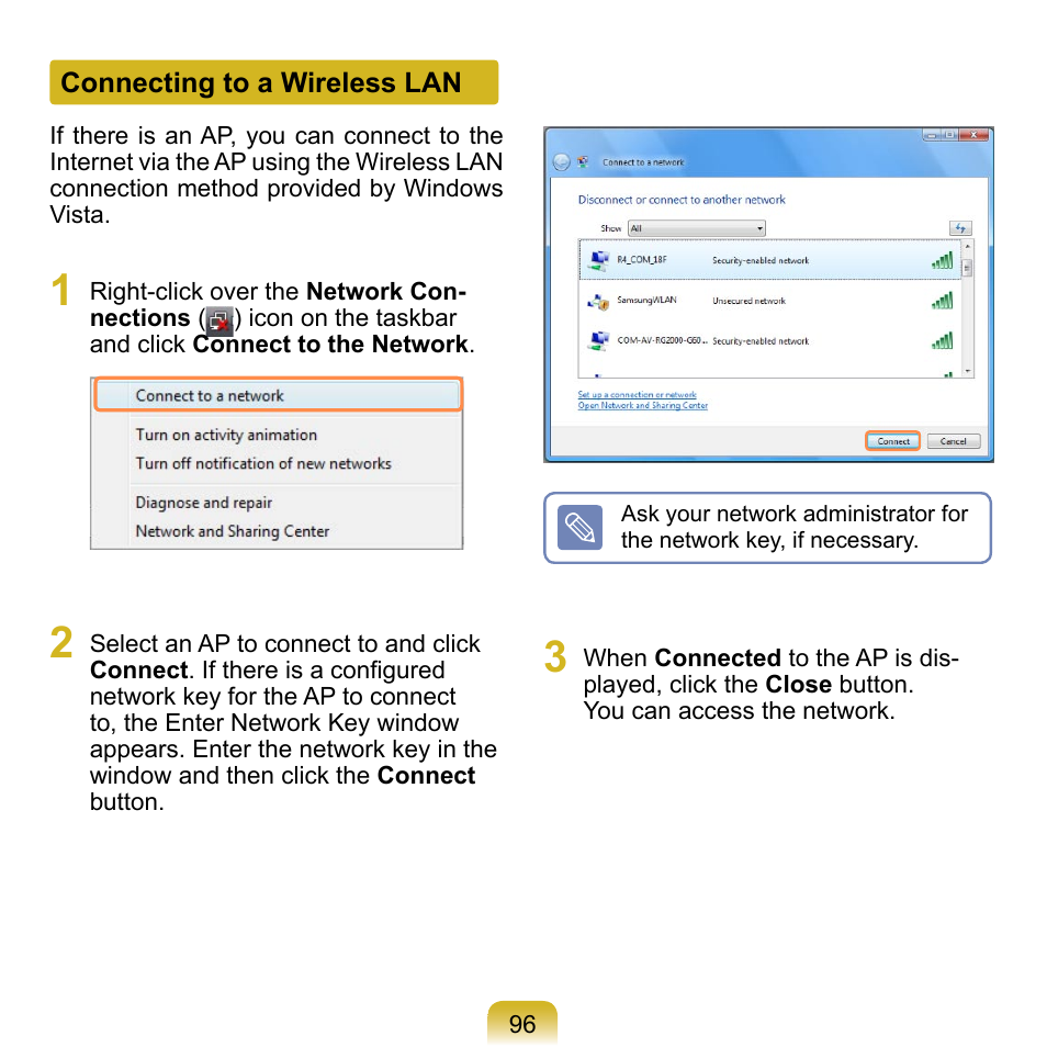 Connecting to a wireless lan | Samsung NP-Q1-V000-SEA User Manual | Page 96 / 204