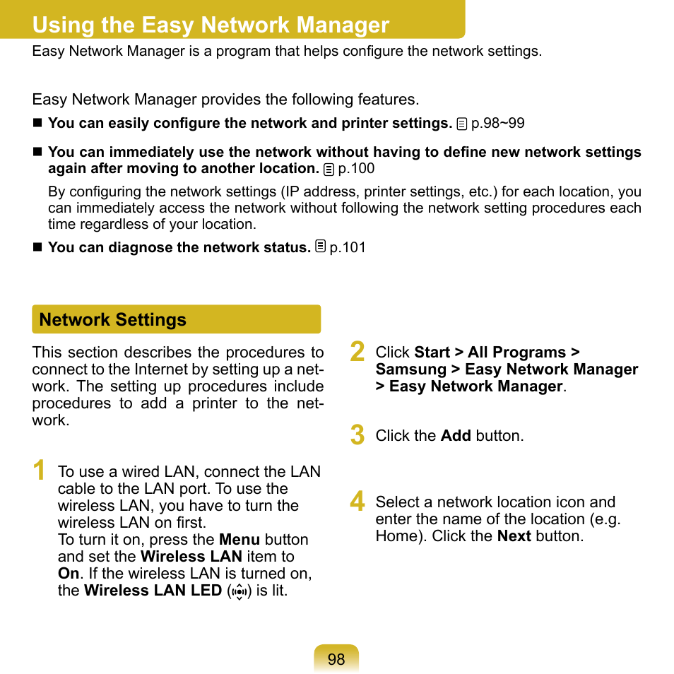 Using the easy network manager, Network settings | Samsung NP-Q1-V000-SEA User Manual | Page 98 / 204