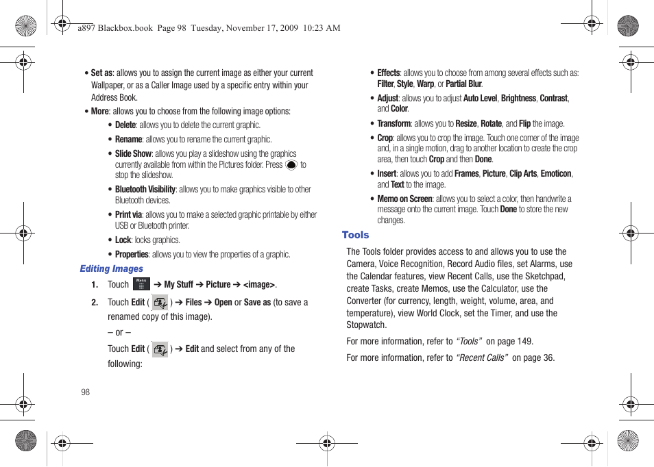 Tools | Samsung SGH-A897ZKAATT User Manual | Page 102 / 202