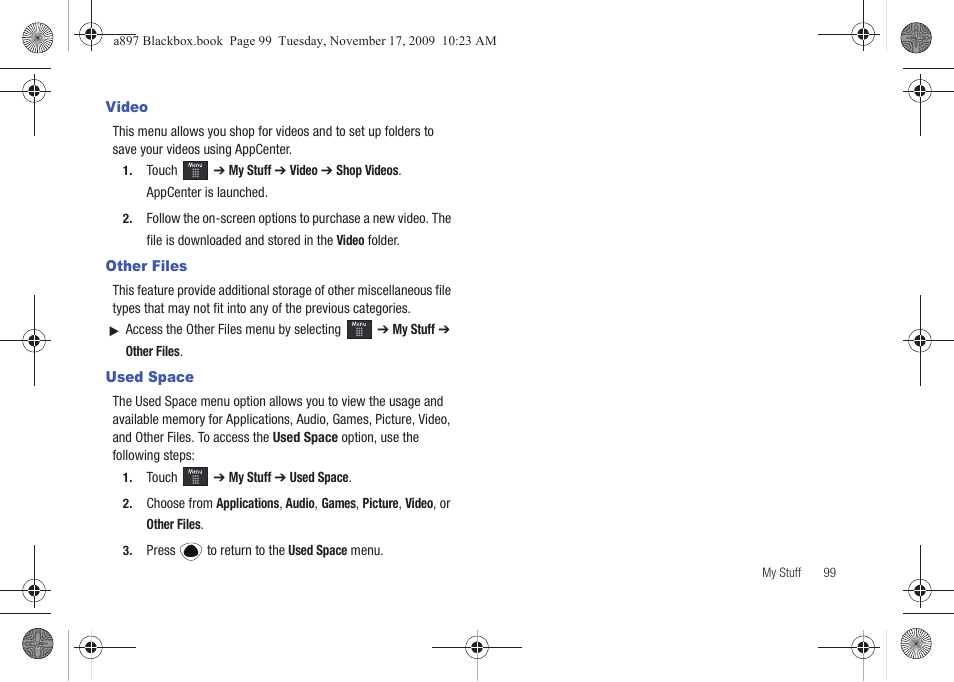 Video, Other files, Used space | Video other files used space | Samsung SGH-A897ZKAATT User Manual | Page 103 / 202