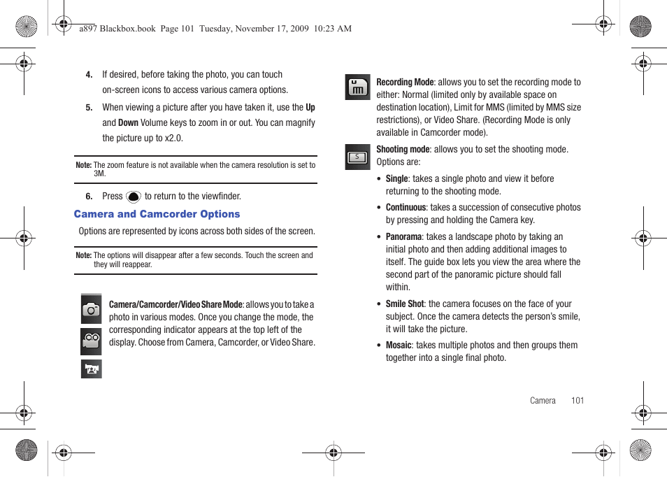 Camera and camcorder options | Samsung SGH-A897ZKAATT User Manual | Page 105 / 202