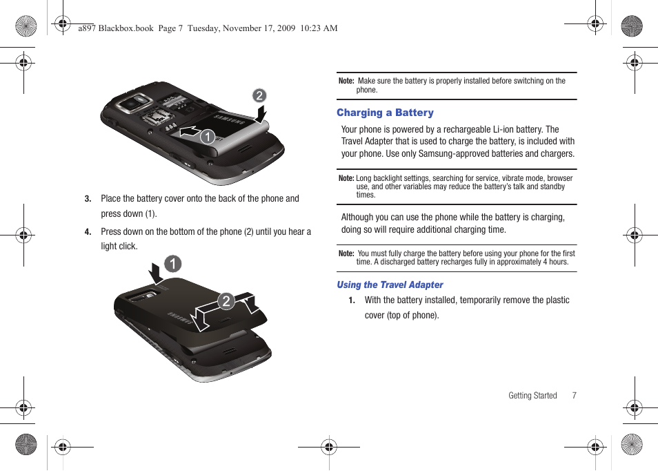 Charging a battery | Samsung SGH-A897ZKAATT User Manual | Page 11 / 202