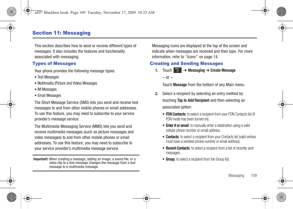 Section 11: messaging, Types of messages, Creating and sending messages | Types of messages creating and sending messages | Samsung SGH-A897ZKAATT User Manual | Page 113 / 202