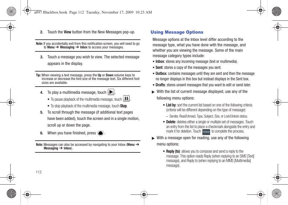 Using message options | Samsung SGH-A897ZKAATT User Manual | Page 116 / 202