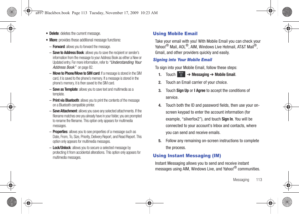 Using mobile email, Using instant messaging (im), Using mobile email using instant messaging (im) | Samsung SGH-A897ZKAATT User Manual | Page 117 / 202