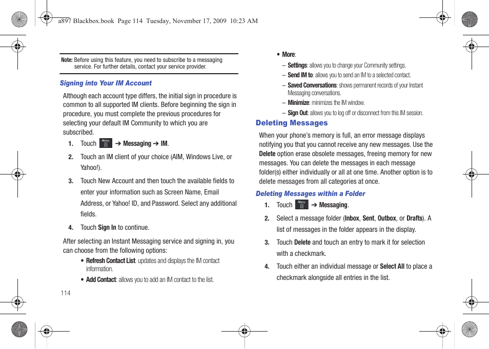 Deleting messages | Samsung SGH-A897ZKAATT User Manual | Page 118 / 202