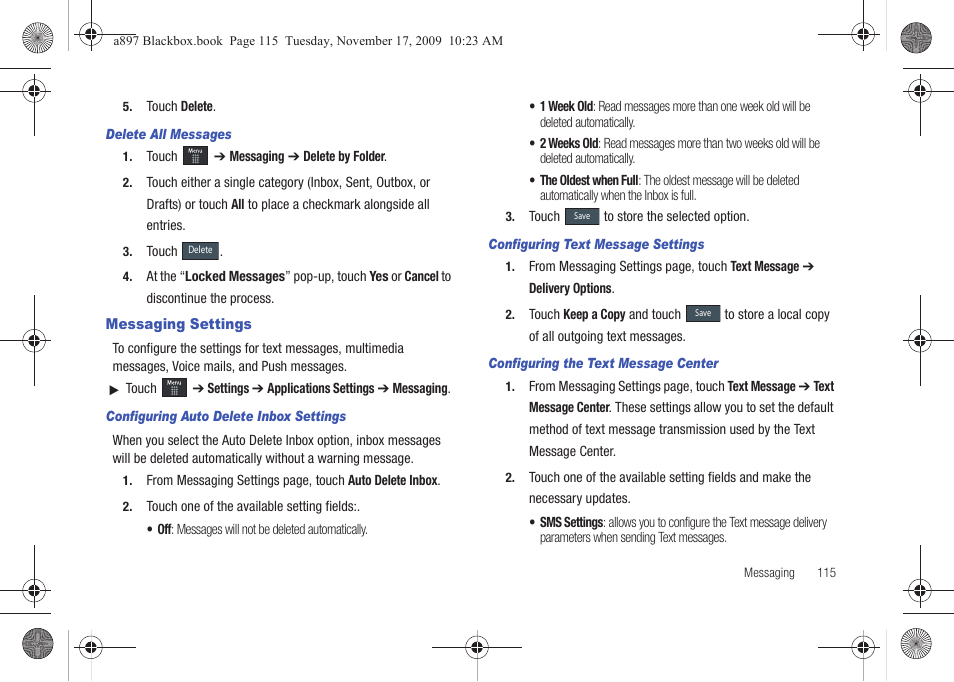 Messaging settings | Samsung SGH-A897ZKAATT User Manual | Page 119 / 202