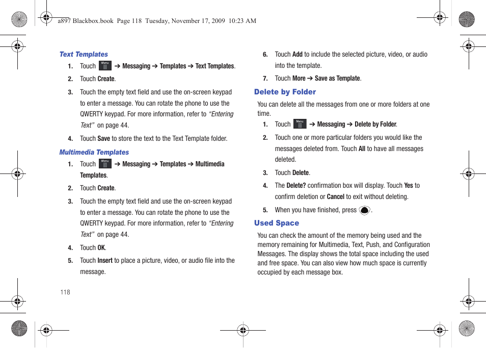 Delete by folder, Used space, Delete by folder used space | Samsung SGH-A897ZKAATT User Manual | Page 122 / 202