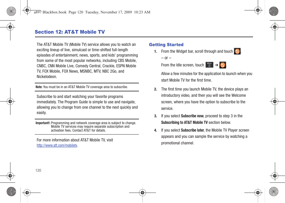 Section 12: at&t mobile tv, Getting started | Samsung SGH-A897ZKAATT User Manual | Page 124 / 202