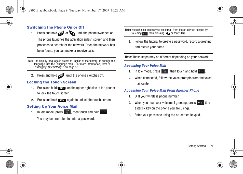 Switching the phone on or off, Locking the touch screen, Setting up your voice mail | Samsung SGH-A897ZKAATT User Manual | Page 13 / 202