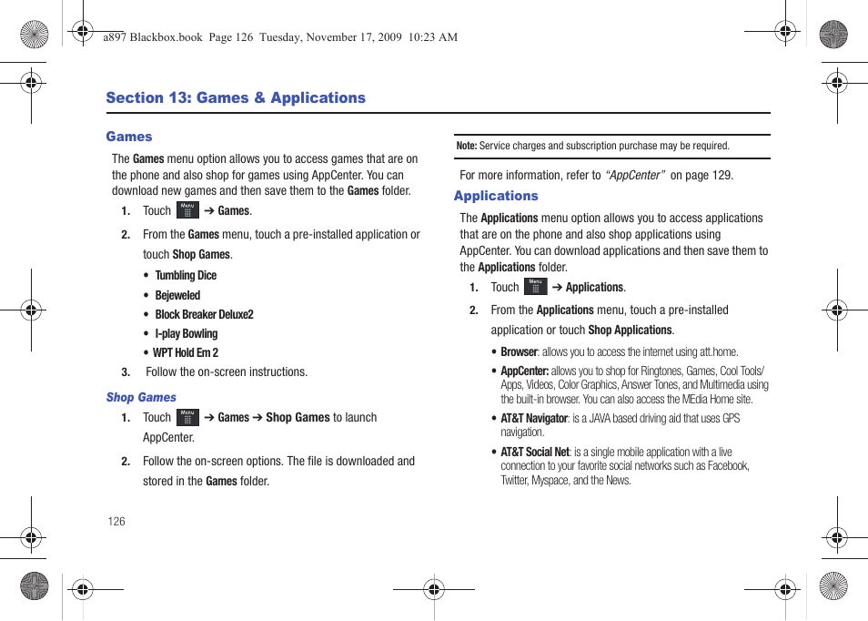 Section 13: games & applications, Games, Applications | Games applications | Samsung SGH-A897ZKAATT User Manual | Page 130 / 202