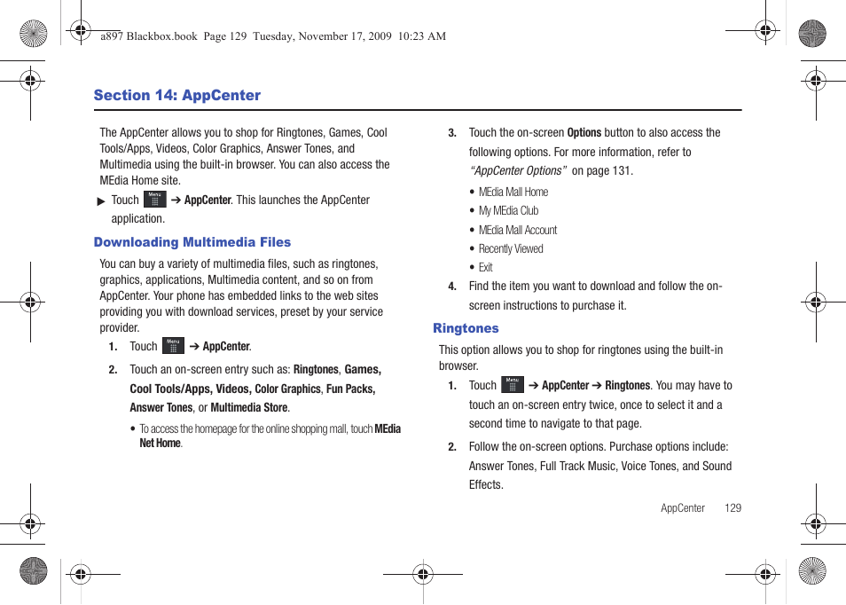 Section 14: appcenter, Downloading multimedia files, Ringtones | Downloading multimedia files ringtones | Samsung SGH-A897ZKAATT User Manual | Page 133 / 202