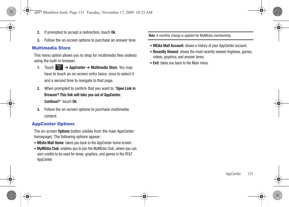 Multimedia store, Appcenter options, Multimedia store appcenter options | Samsung SGH-A897ZKAATT User Manual | Page 135 / 202