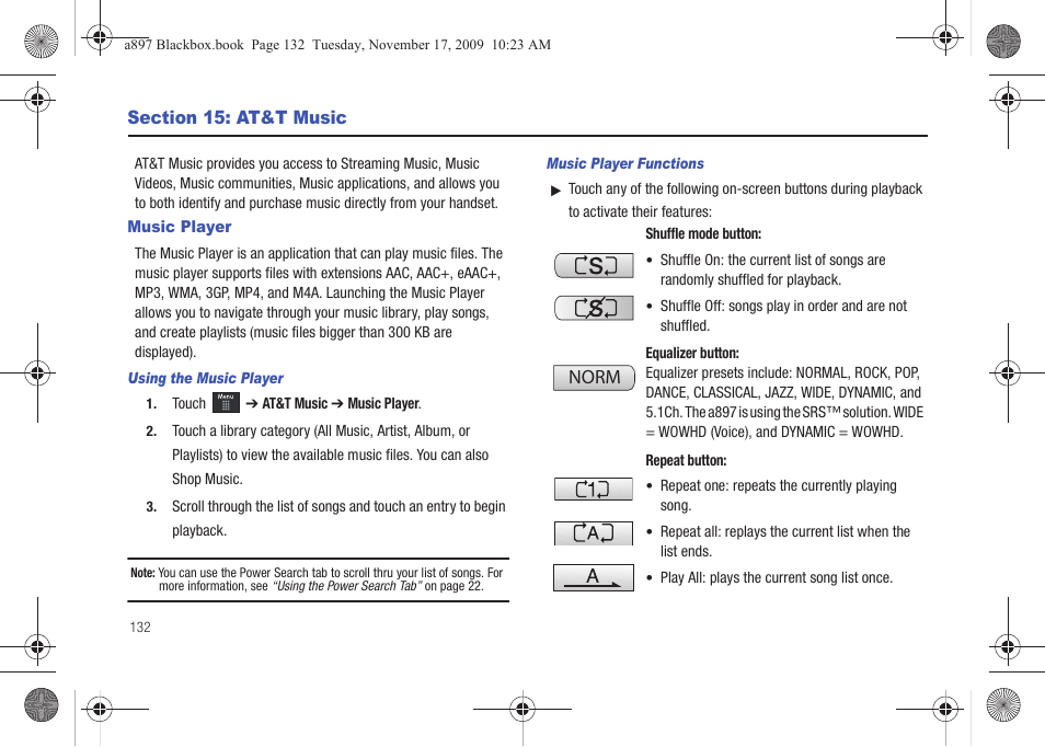 Section 15: at&t music, Music player | Samsung SGH-A897ZKAATT User Manual | Page 136 / 202