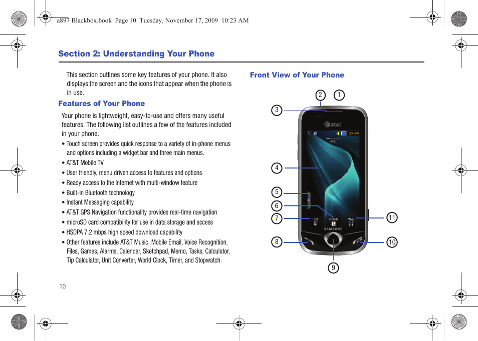 Section 2: understanding your phone, Features of your phone, Front view of your phone | Features of your phone front view of your phone | Samsung SGH-A897ZKAATT User Manual | Page 14 / 202