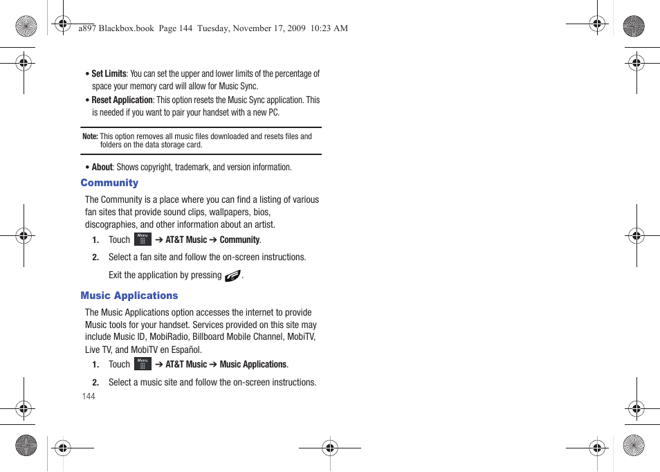 Community, Music applications, Community music applications | Samsung SGH-A897ZKAATT User Manual | Page 148 / 202