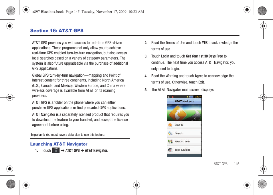 Section 16: at&t gps, Launching at&t navigator | Samsung SGH-A897ZKAATT User Manual | Page 149 / 202