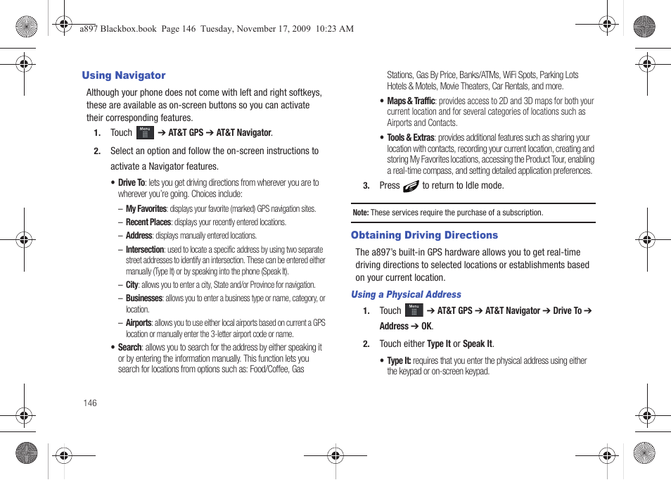 Using navigator, Obtaining driving directions, Using navigator obtaining driving directions | Samsung SGH-A897ZKAATT User Manual | Page 150 / 202