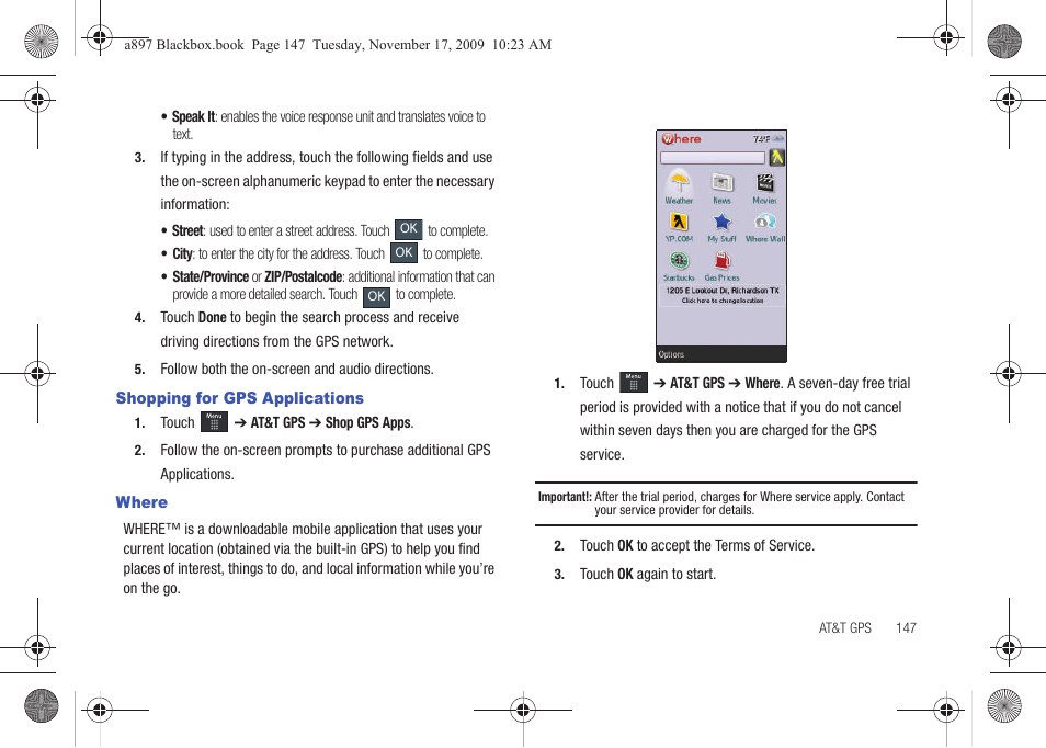 Shopping for gps applications, Where, Shopping for gps applications where | Samsung SGH-A897ZKAATT User Manual | Page 151 / 202
