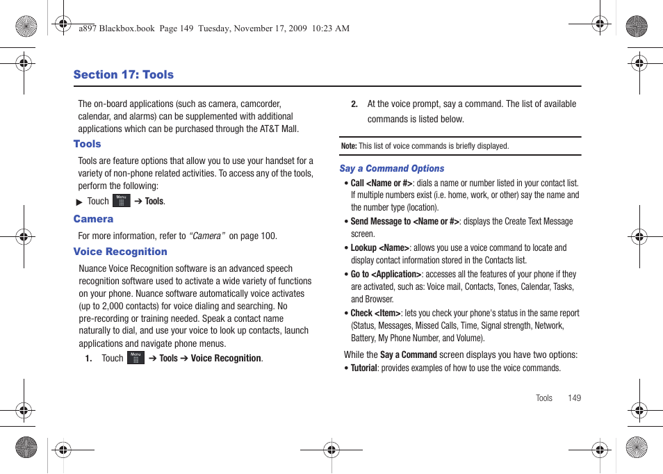 Section 17: tools, Tools, Camera | Voice recognition, Tools camera voice recognition | Samsung SGH-A897ZKAATT User Manual | Page 153 / 202