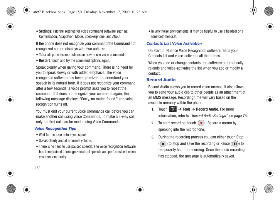 Record audio | Samsung SGH-A897ZKAATT User Manual | Page 154 / 202